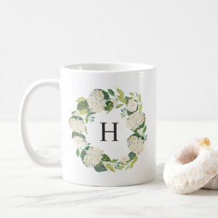 Witte Hortensia Bloemen Krans Monogram Koffiemok