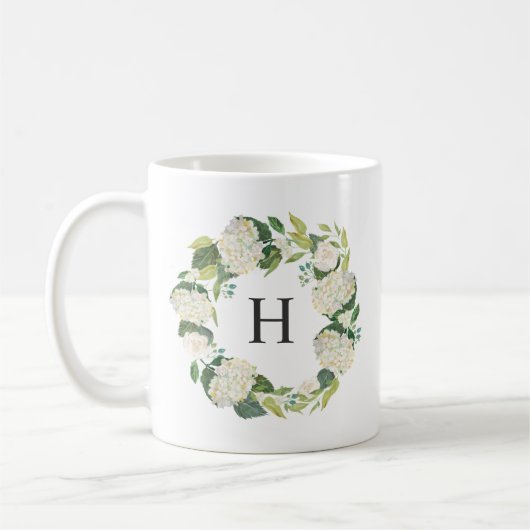 Witte Hortensia Bloemen Krans Monogram Koffiemok (Links)