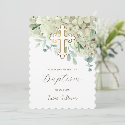Witte hortensia doop kaart (Staand voorkant)