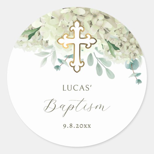 Witte Hortensia Doopsticker Ronde Sticker (Voorkant)