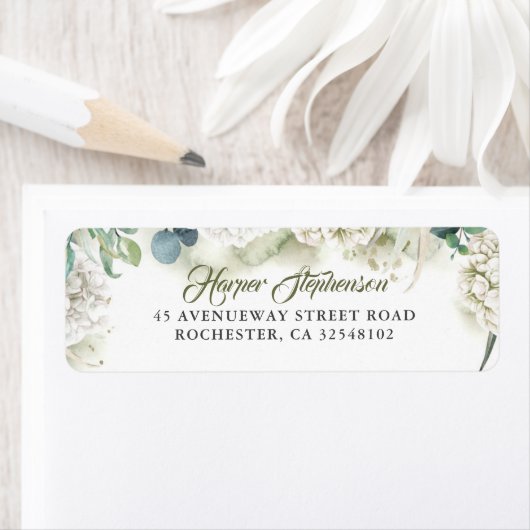 Witte hortensia en groen modern etiket (Insitu)