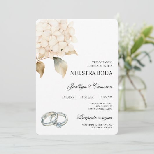 Witte Hortensia met ring Spaanse bruiloft Kaart (Staand voorkant)