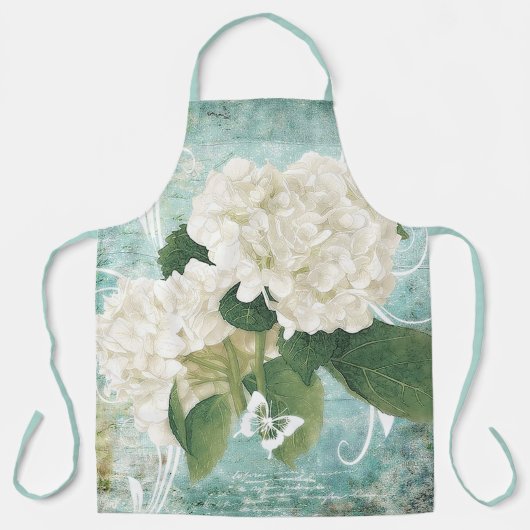 Witte hortensia op blauw schort (Voorkant)