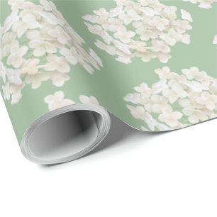 Witte hortensia op salie groen cadeaupapier