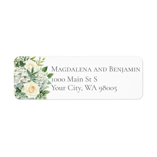 Witte Hortensia Rozen Bloemen Groene Bruiloft Etiket (Voorkant)