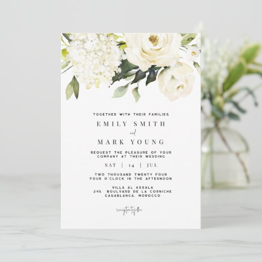 Witte hortensia | White Floral uitnodiging (Staand voorkant)