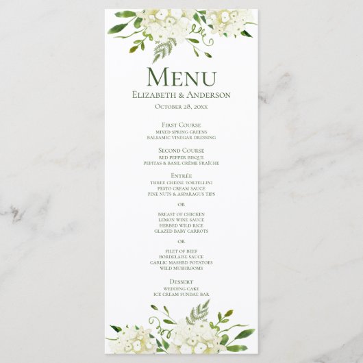 Witte Hortensia's Bloemenschildering Bruiloft Menu (Voorkant)