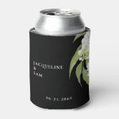 Witte hortensia's bruiloft gunst zwart blikjeskoeler (Blikje Voorkant)