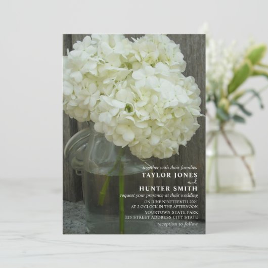 Witte Hortensia's Mason Jar Wedding Kaart (Staand voorkant)