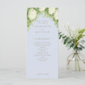 Witte Hortensia's Stofblauw Huwelijksprogramma Menu (Staand voorkant)