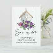 WITTE HOUDEN RUSTIC PAARS FLORAAL BIRDHOUSE SAVE THE DATE (Staand voorkant)