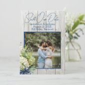 Witte Hout Groene Bloemen Foto Bewaar de Datum Kaart (Staand voorkant)