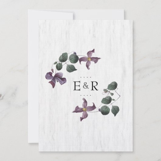 Witte Hout Paarse Bloemen Huwelijksuitnodiging Kaart (Achterkant)