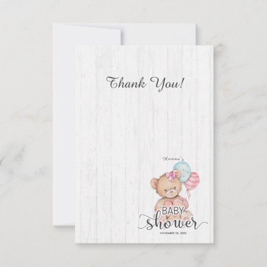 Witte houten ballon Beer meisje Baby shower dank u Bedankkaart (Voorkant)