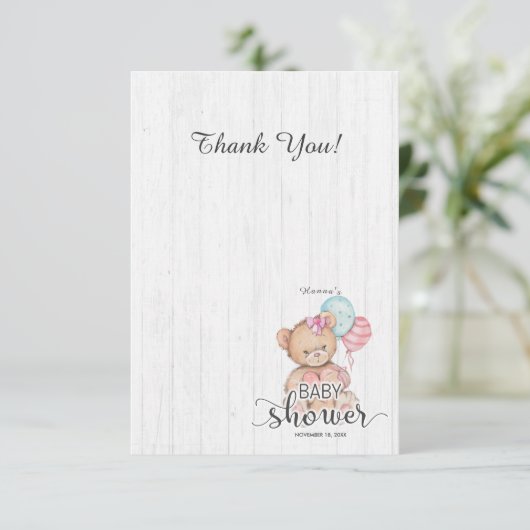 Witte houten ballon Beer meisje Baby shower dank u Bedankkaart (Staand voorkant)