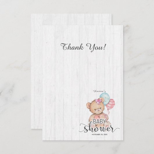 Witte houten ballon Beer meisje Baby shower dank u Bedankkaart (Voorkant / Achterkant)