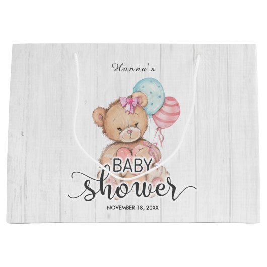 Witte houten ballonnen & Teddy Bear Meisje Baby sh Large Cadeautasje (Voorkant)