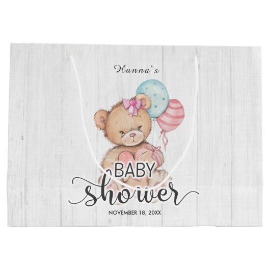 Witte houten ballonnen & Teddy Bear Meisje Baby sh Large Cadeautasje (Achterkant)