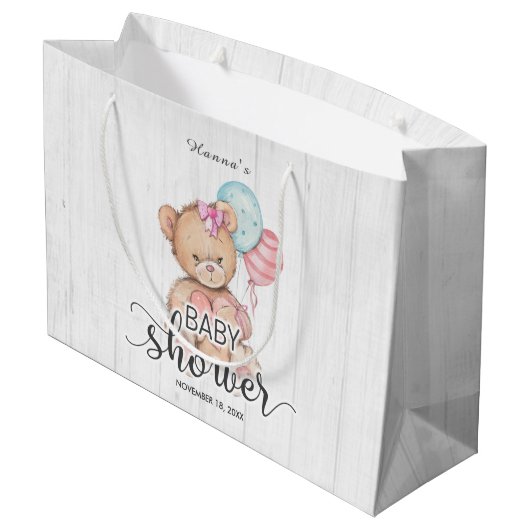 Witte houten ballonnen & Teddy Bear Meisje Baby sh Large Cadeautasje (Achterkant Gekanteld)
