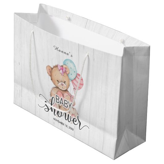 Witte houten ballonnen & Teddy Bear Meisje Baby sh Large Cadeautasje (Voorkant Gekanteld)