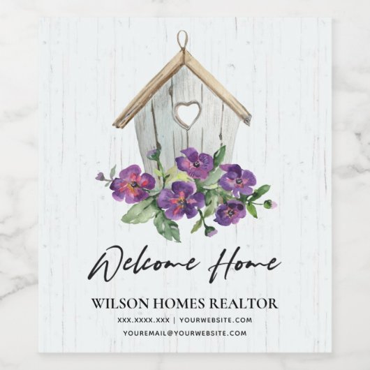 WITTE HOUTEN BLOEMEN VOGELHUIS WELKOM THUIS REALTO WIJN ETIKET (Enkel label)