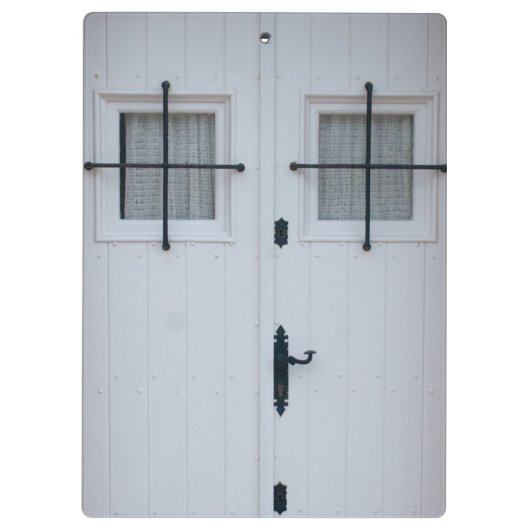 Witte houten deur met zwart ijzerwerk klembord (Achterkant)