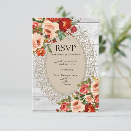 Witte Houten Kant Rode Bloemen Rozen Rustic RSVP (Staand voorkant)