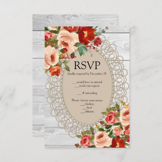Witte Houten Kant Rode Bloemen Rozen Rustic RSVP (Voorkant / Achterkant)