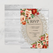 Witte Houten Kant Rode Bloemen Rozen Rustic RSVP Kaartje (Voorkant / Achterkant)