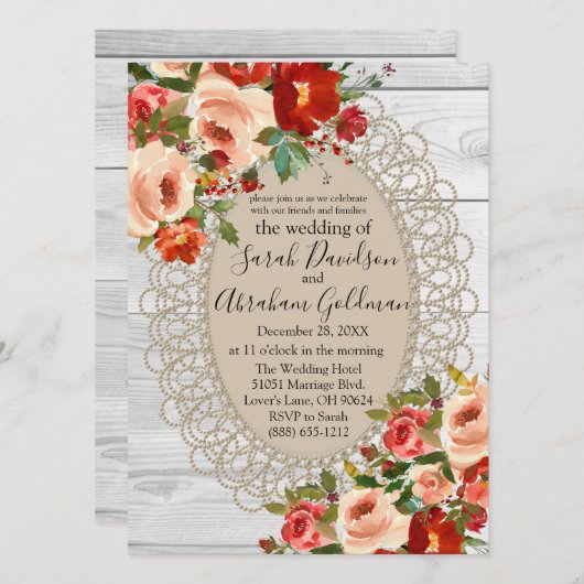 Witte Houten Kant Rode Bloemen Rozen Rustieke Brui Kaart (Voorkant / Achterkant)