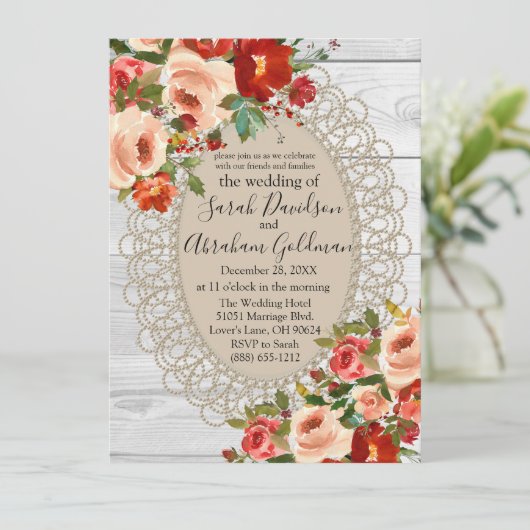 Witte Houten Kant Rode Bloemen Rozen Rustieke Brui Kaart (Staand voorkant)