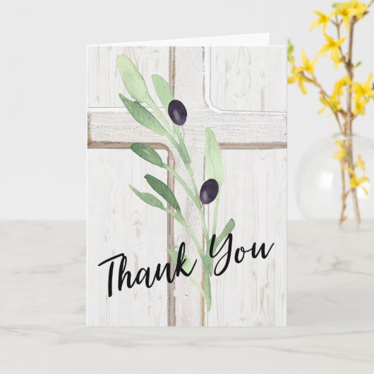 witte houten kruis olijftak Dank u Kaart (Gele Bloem)