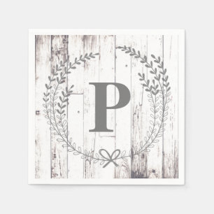 Witte Houten Landelijke Boerderij Monogram Bruilof Servet