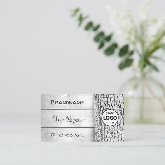 Witte houten planken, bijtende boomschors, Logo Visitekaartje (Staand voorkant)