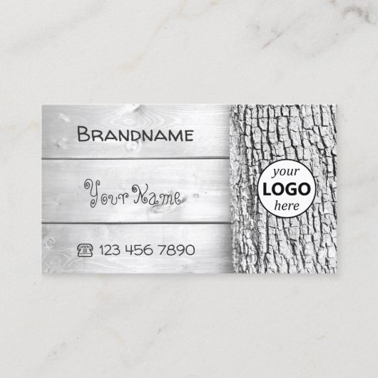 Witte houten planken, bijtende boomschors, Logo Visitekaartje (Voorkant)