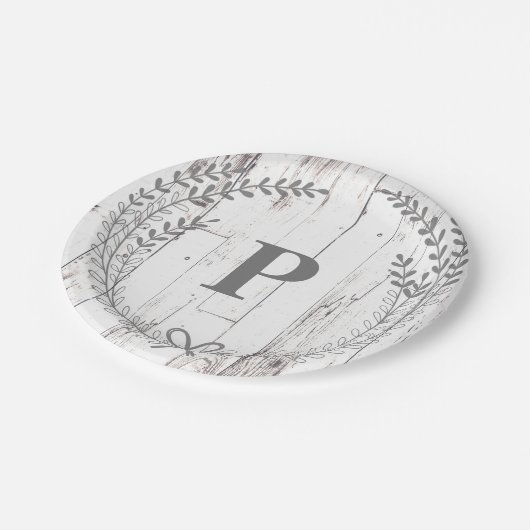 Witte Houten Rustieke Boerderij Monogram Bruiloft Papieren Bordje (Gekanteld)