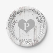 Witte Houten Rustieke Boerderij Monogram Bruiloft Papieren Bordje (Voorkant)