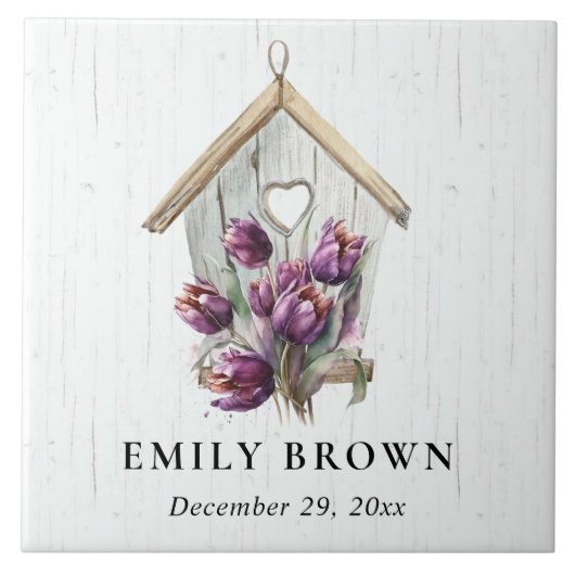 Witte Houten Rustieke Paarse Tulp Bloemen Vogelhui Tegeltje (Voorkant)