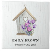 Witte Houten Rustieke Paarse Tulp Bloemen Vogelhui Tegeltje (Voorkant)