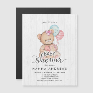 Witte houten teddybeer meisje babyshower uitnodigi magnetische uitnodiging