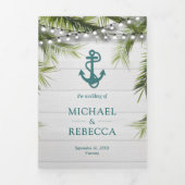 Witte houtpalmbladeren Blauwgroen Anchor Wedding Drieluik Uitnodiging (Cover)