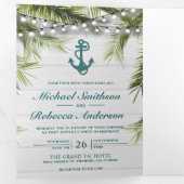 Witte houtpalmbladeren Blauwgroen Anchor Wedding Drieluik Uitnodiging (Binnenzijde eerst)