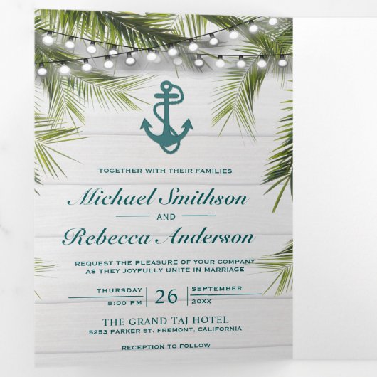 Witte houtpalmbladeren Blauwgroen Anchor Wedding Drieluik Uitnodiging (Binnenzijde eerst)