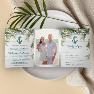 Witte houtpalmbladeren Blauwgroen Anchor Wedding Drieluik Uitnodiging