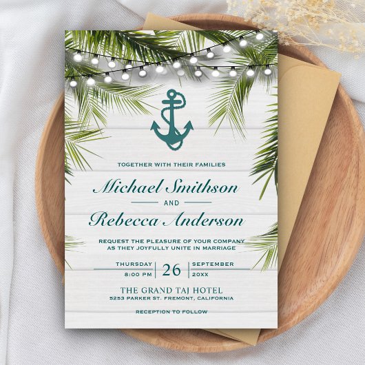 Witte houtpalmbladeren Blauwgroen Anchor Wedding Kaart