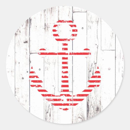 Witte houtpartij (Nautical Anchor Red Stripes) Ronde Sticker (Voorkant)