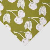 Witte Houtsnede Cherry Design op Olijfgroen Tissuepapier (Detail)