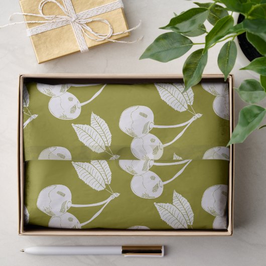 Witte Houtsnede Cherry Design op Olijfgroen Tissuepapier (Geschenk)
