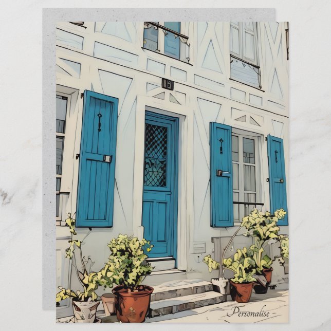  Witte Huis Plant Blauw Grijs ScrapbookPaper (Voorkant / Achterkant)