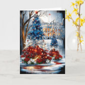 Witte Huis Rode Witte Blauwe Kerstbomen Kaart (Gele Bloem)